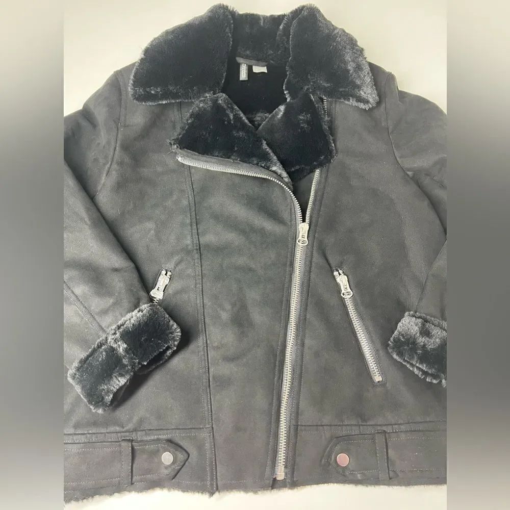 H&M Faux Fur-lined Biker Jacket Black Full Zip Aviator Size 8 - Picture 5 of 16